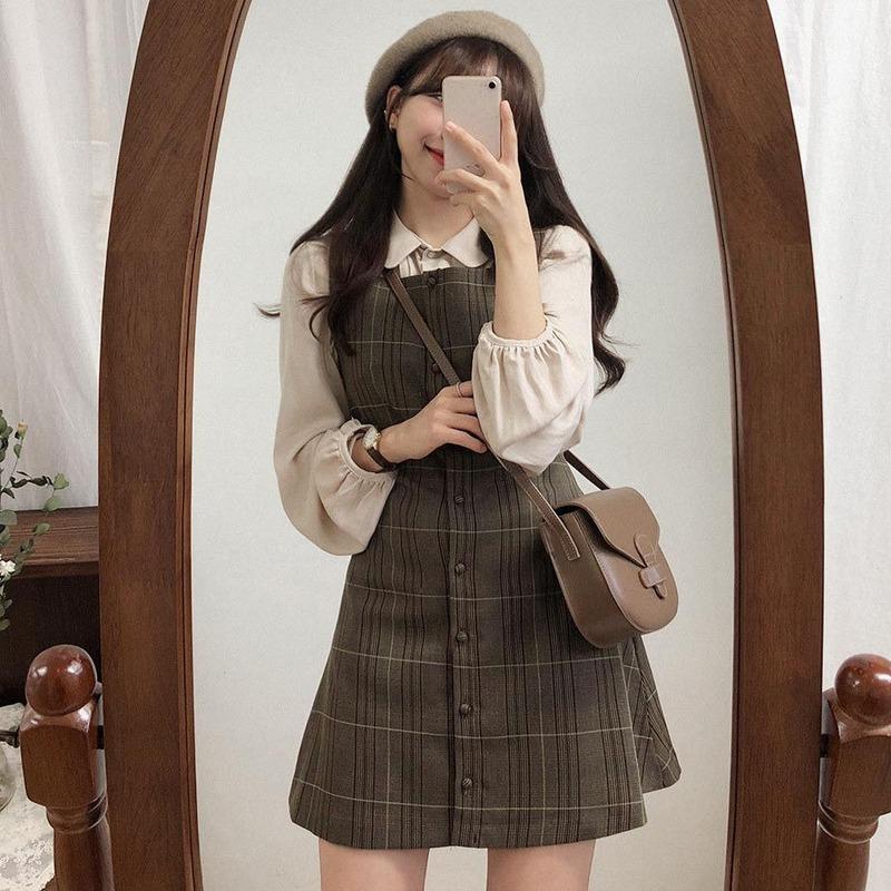 Brown Plaid Mini Dress With Peter Pan Collar Brown Plaid Mini Dress With Peter Pan Collar — Trendy Kawaii Outfits