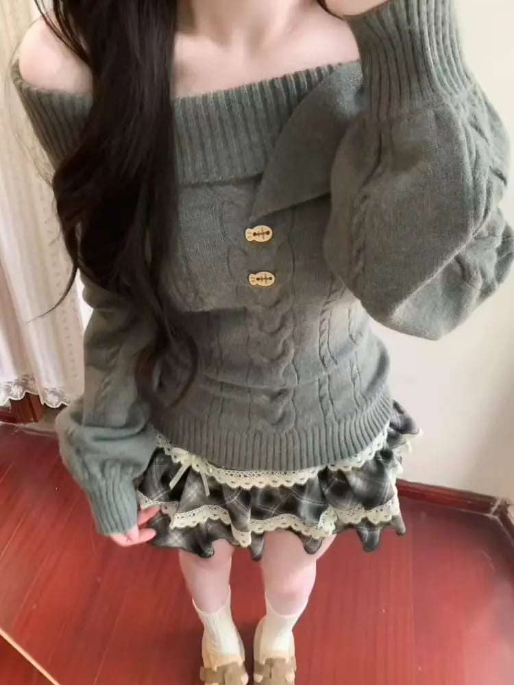 Sage Green Off-Shoulder Sweater With Plaid Skirt Sage Green Off-Shoulder Sweater With Plaid Skirt — Trendy Kawaii Outfits