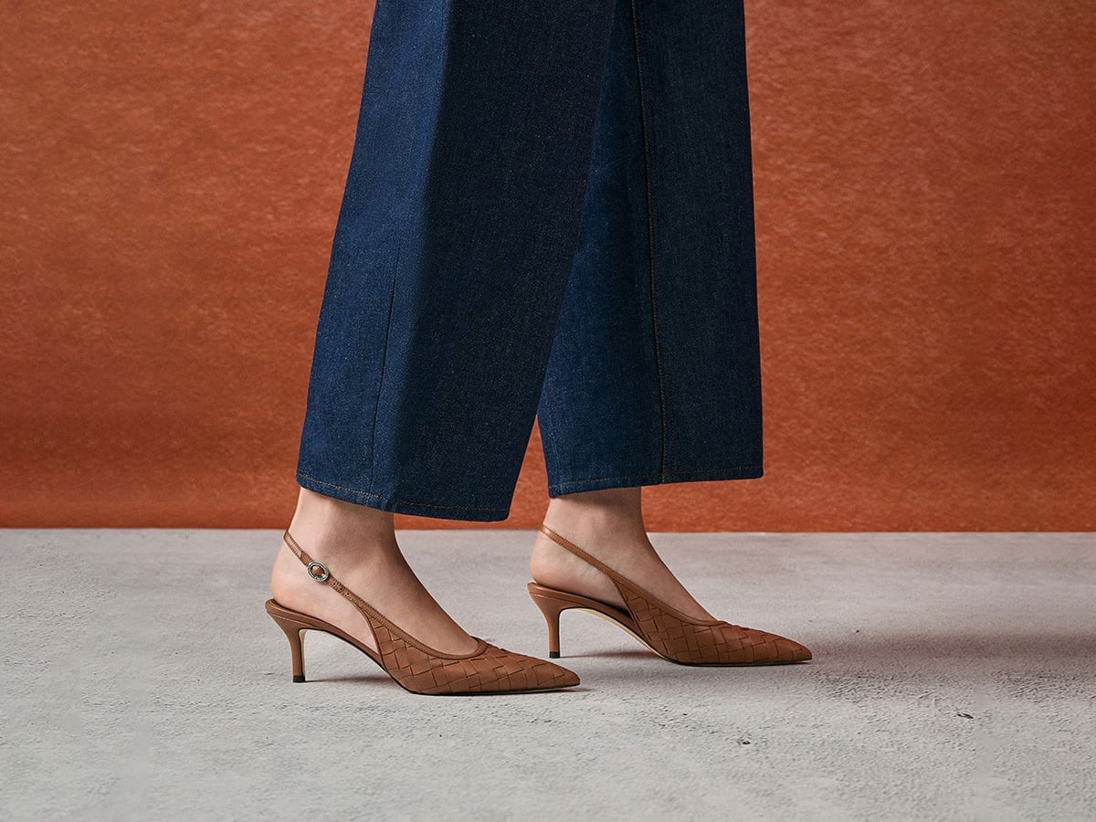 Wide-leg Jeans with Tan Woven Slingback Kitten Heels Wide-leg Jeans with Tan Woven Slingback Kitten Heels — Trendy Kitten Heels Outfits