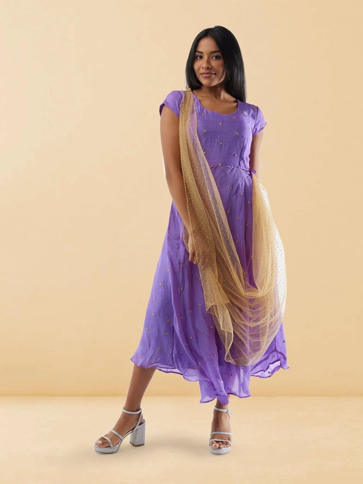 Purple A-Line Dress With Gold Embellishments And Dupatta Purple A-Line Dress With Gold Embellishments And Dupatta — Trendy Lavender Outfits