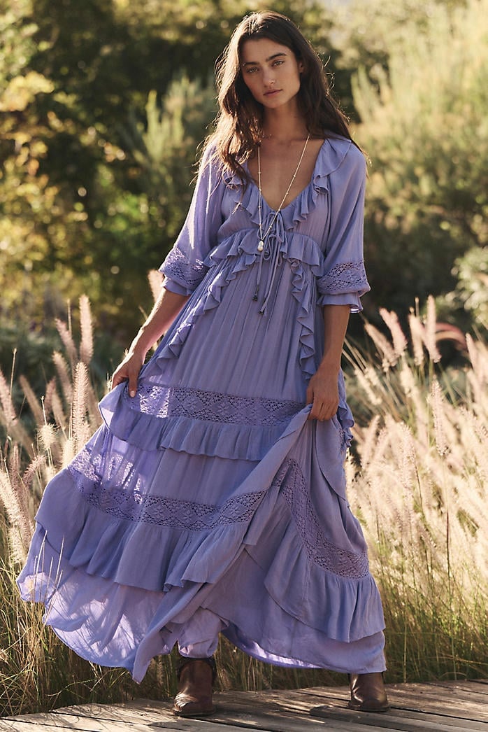 Flowy Gauze Maxi Dress With Tiered Ruffles Flowy Gauze Maxi Dress With Tiered Ruffles — Trendy Lavender Outfits