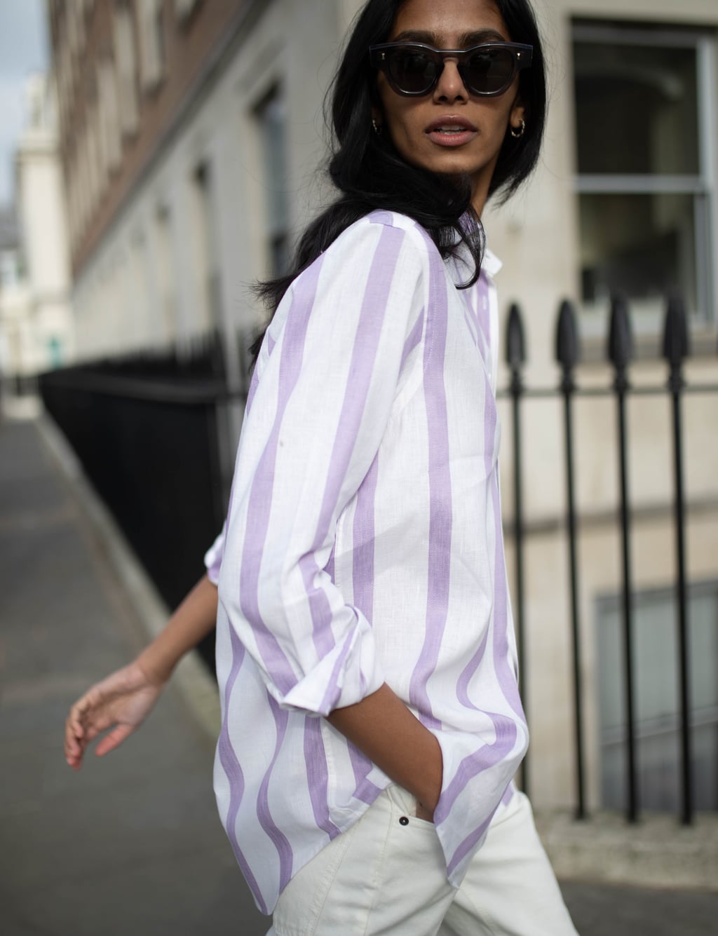 Striped Linen Shirt With White Wide Leg Trousers Striped Linen Shirt With White Wide Leg Trousers — Trendy Lavender Outfits