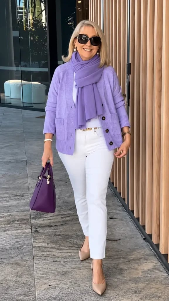 Lavender Knit Cardigan With White Trousers Lavender Knit Cardigan With White Trousers — Trendy Lavender Outfits