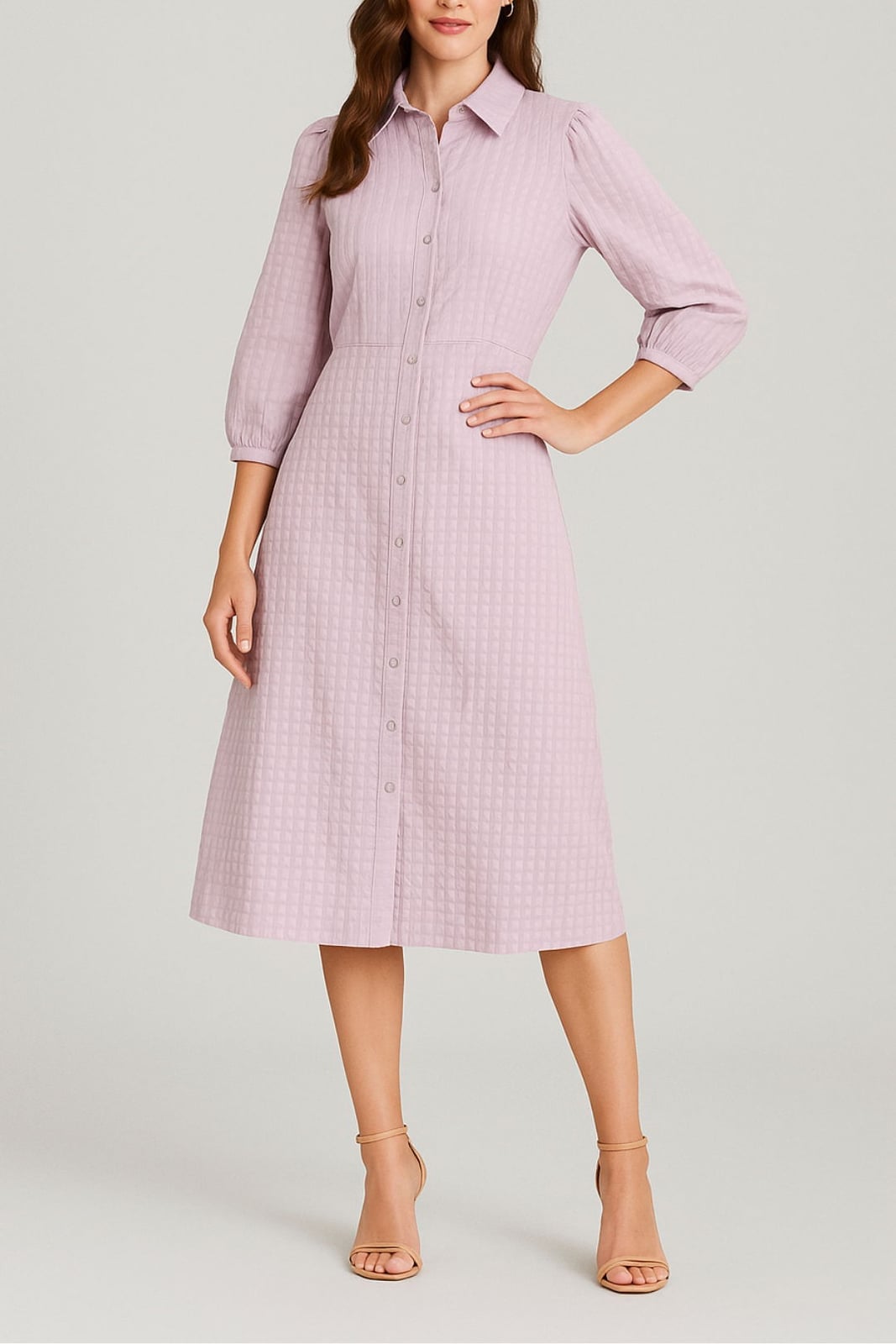 Lavender Quilted Midi Dress With Puff Sleeves Lavender Quilted Midi Dress With Puff Sleeves — Trendy Lavender Outfits