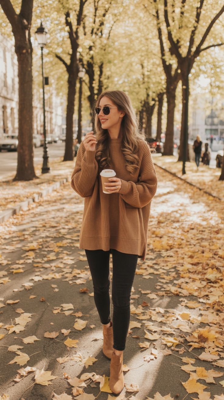 Brown Knit Sweater with Black Leggings and Ankle Boots Brown Knit Sweater with Black Leggings and Ankle Boots — Trendy Lazy Outfits