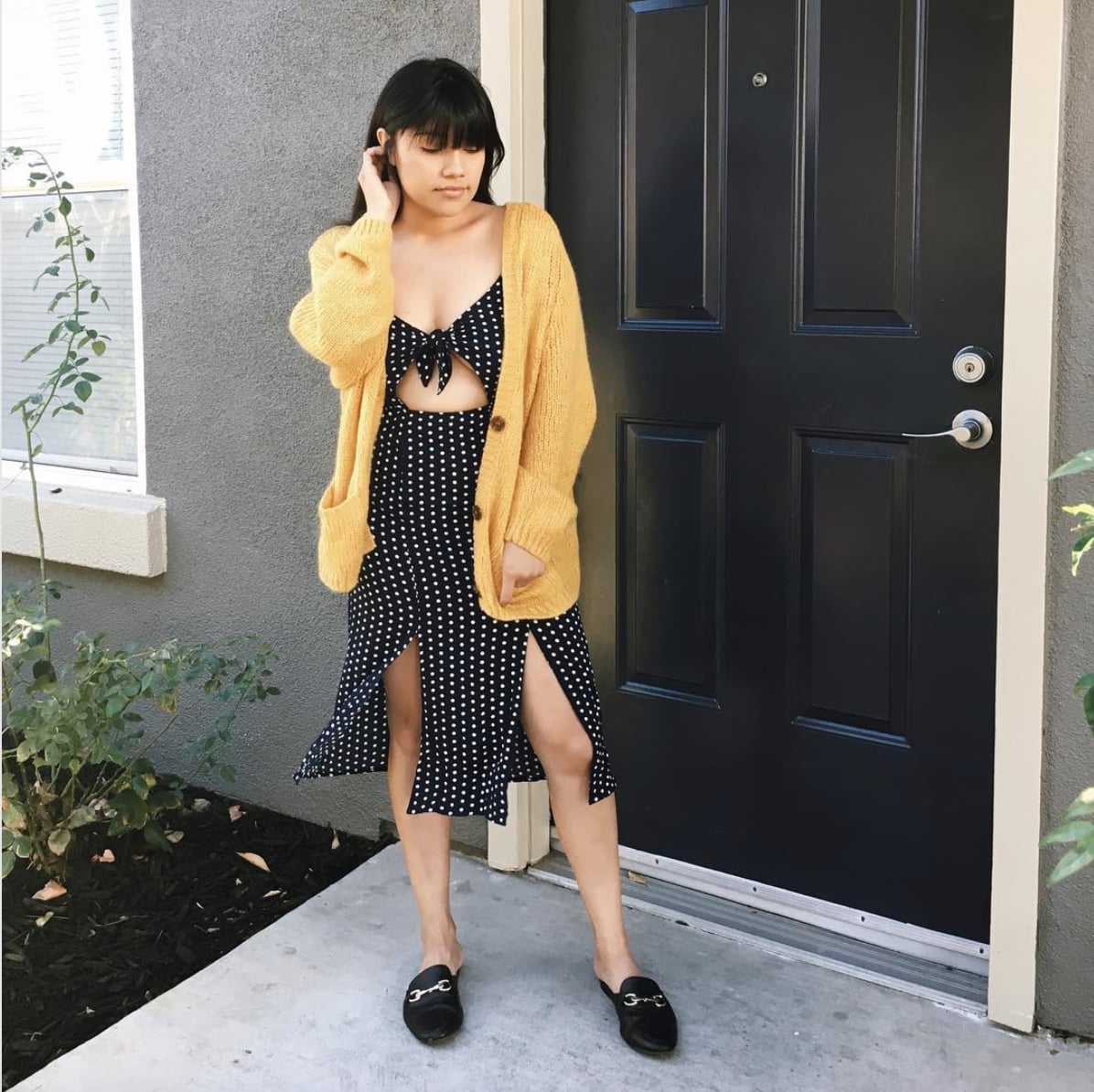 Polka Dot Midi Dress with Yellow Cardigan and Black Mules Polka Dot Midi Dress with Yellow Cardigan and Black Mules — Trendy Lazy Outfits