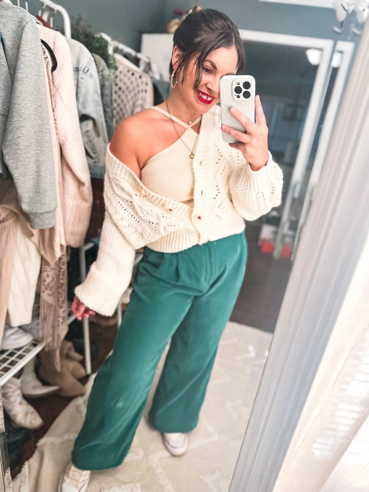 Knit Cardigan Over Halter Top with Corduroy Trousers Knit Cardigan Over Halter Top with Corduroy Trousers — Trendy Lazy Outfits