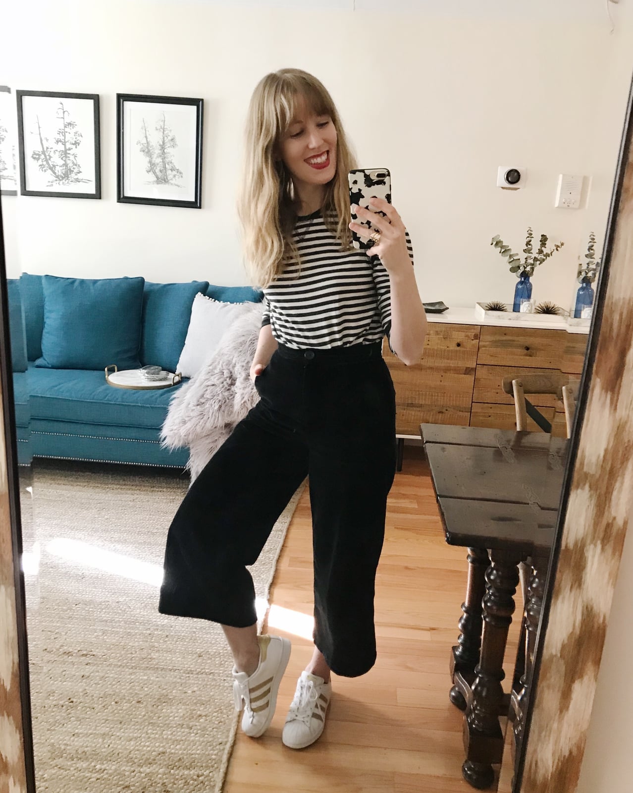 Striped T-Shirt with Black Culottes and White Sneakers Striped T-Shirt with Black Culottes and White Sneakers — Trendy Lazy Outfits
