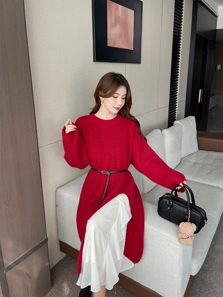 Red Knit Midi Dress Over Slip Dress with Belt Red Knit Midi Dress Over Slip Dress with Belt — Trendy Lazy Outfits
