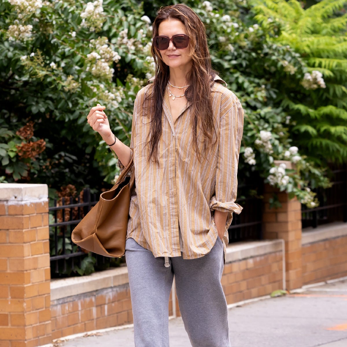 Striped Button-Down Shirt with Gray Sweatpants Striped Button-Down Shirt with Gray Sweatpants — Trendy Lazy Outfits