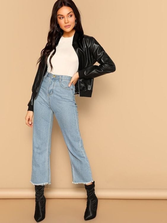Black Leather Bomber Jacket with White Top, Softer Variation Black Leather Bomber Jacket with White Top, Softer Variation — Trendy Leather Jacket Outfits Women