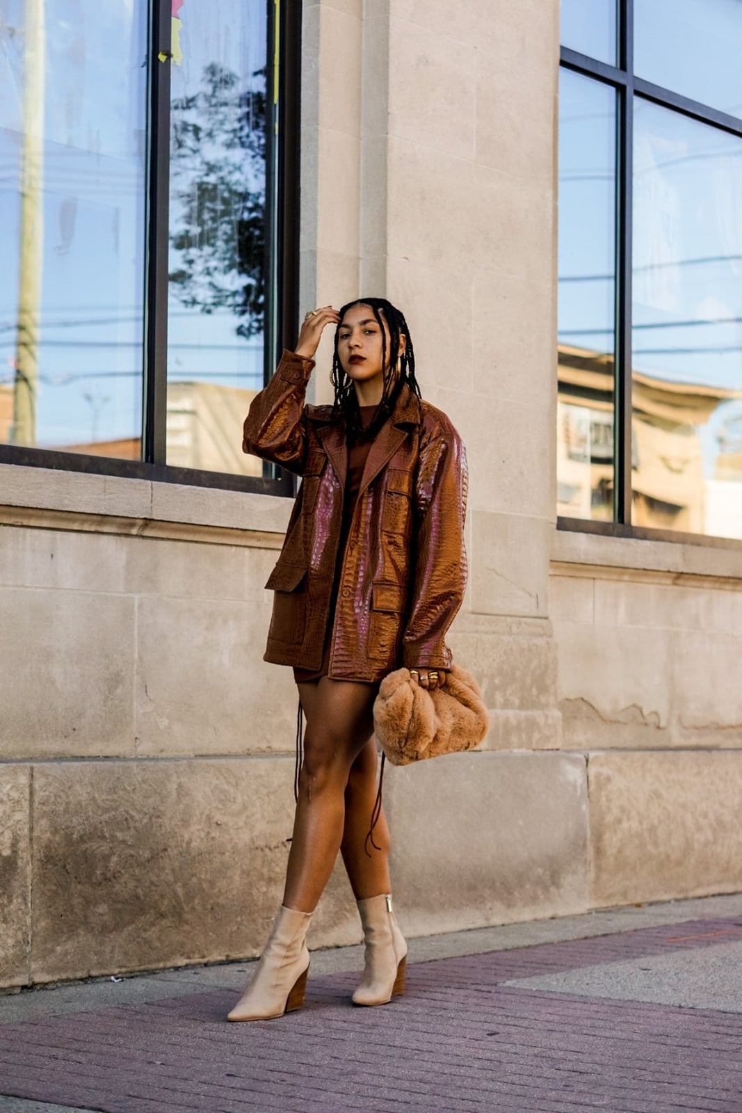 Brown Textured Leather Jacket with Mini Dress and Ankle, Close-Up Take Brown Textured Leather Jacket with Mini Dress and Ankle, Close-Up Take — Trendy Leather Jacket Outfits Women