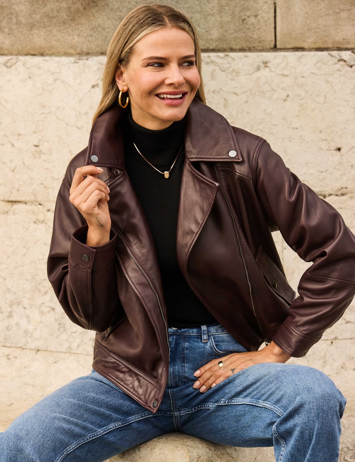 Dark Brown Leather Moto Jacket with Turtleneck and Blue, Close-Up Take Dark Brown Leather Moto Jacket with Turtleneck and Blue, Close-Up Take — Trendy Leather Jacket Outfits Women