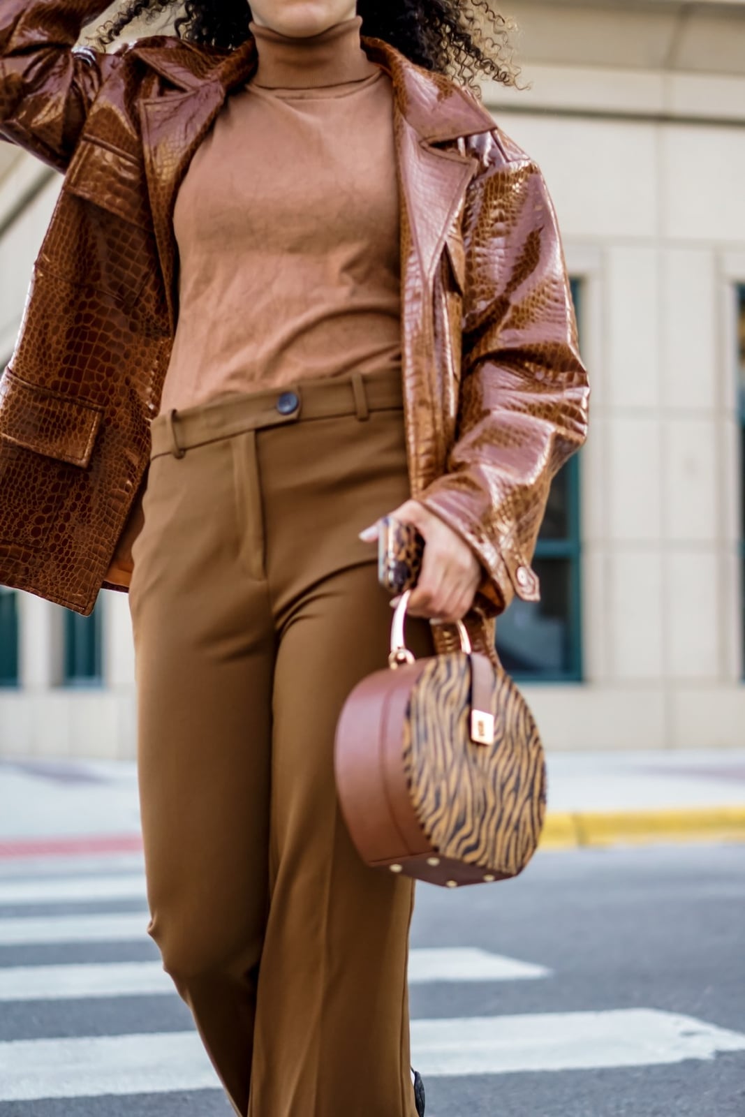 Brown Textured Leather Jacket with Brown Turtleneck and Patterned Brown Textured Leather Jacket with Brown Turtleneck and Patterned — Trendy Leather Jacket Outfits Women