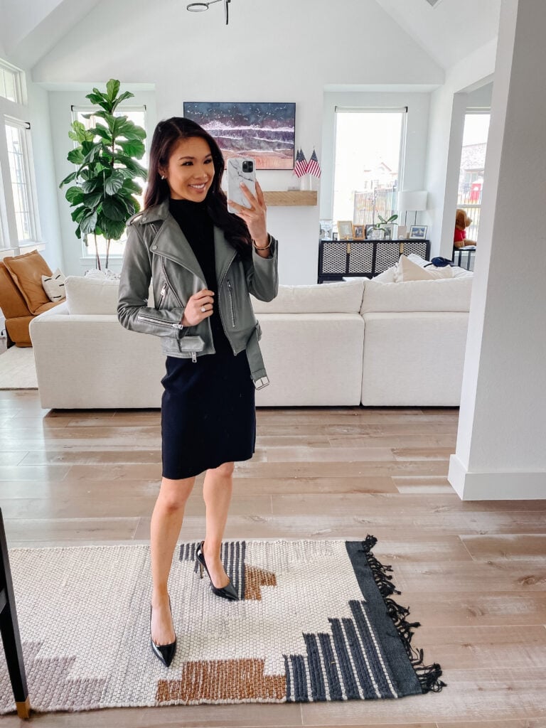 Gray Leather Moto Jacket with Black Fitted Dress and Heels Gray Leather Moto Jacket with Black Fitted Dress and Heels — Trendy Leather Jacket Outfits Women