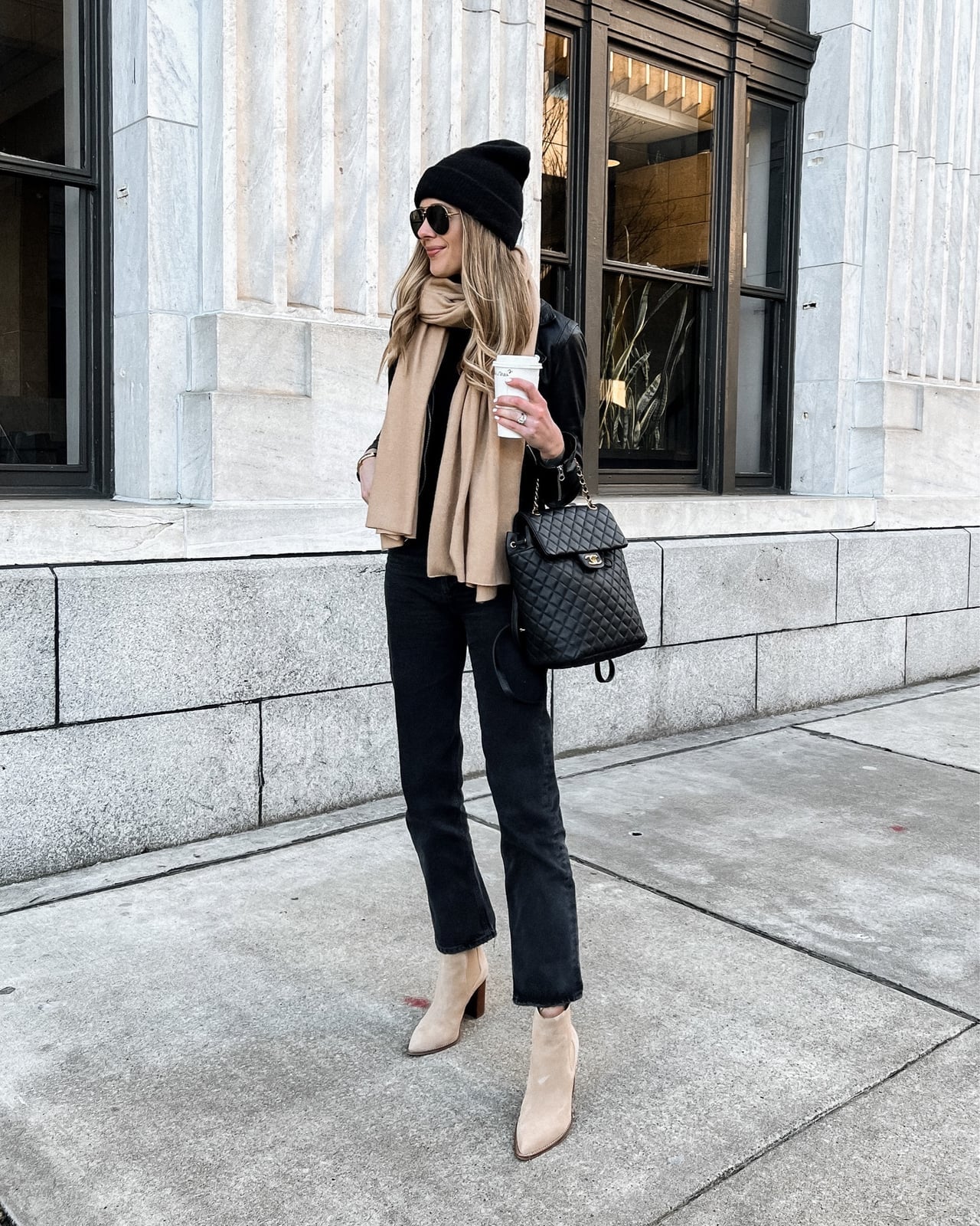 Black Leather Jacket with Turtleneck, Scarf, and Straight-Leg Jeans Black Leather Jacket with Turtleneck, Scarf, and Straight-Leg Jeans — Trendy Leather Jacket Outfits Women