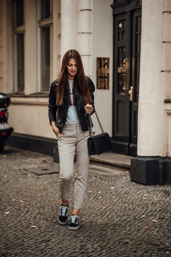 Black Leather Biker Jacket with T-Shirt and Straight-Leg Trousers Black Leather Biker Jacket with T-Shirt and Straight-Leg Trousers — Trendy Leather Jacket Outfits Women