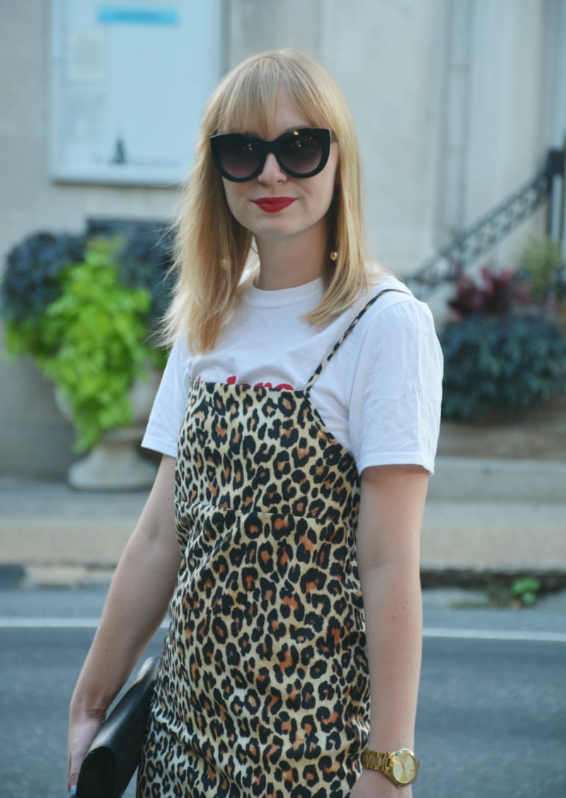 Leopard Print Slip Dress Layered Over a White T-Shirt Leopard Print Slip Dress Layered Over a White T-Shirt — Trendy Leopard Dress