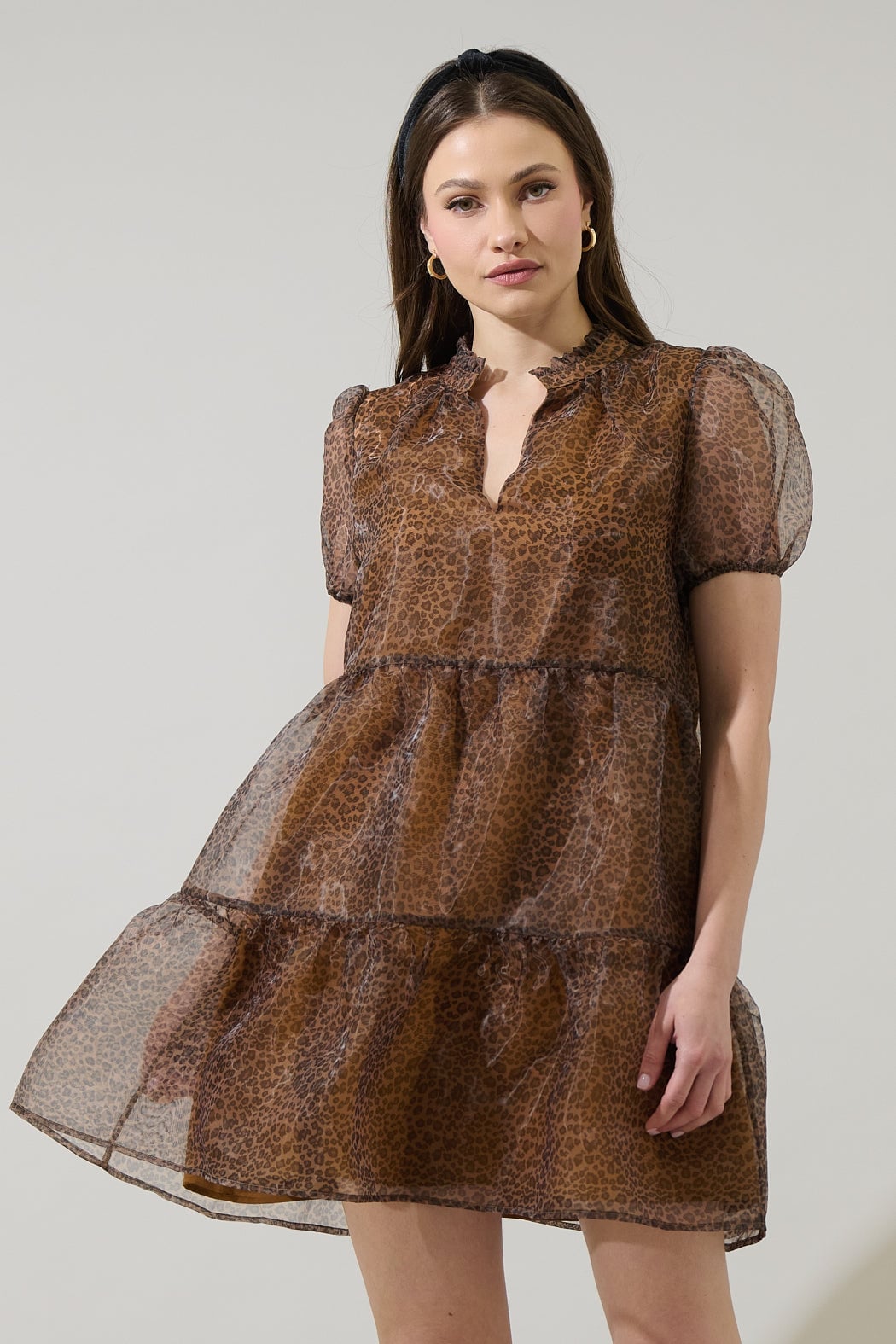 Sheer Organza Leopard Mini Dress with Ruffled Tiers Sheer Organza Leopard Mini Dress with Ruffled Tiers — Trendy Leopard Dress
