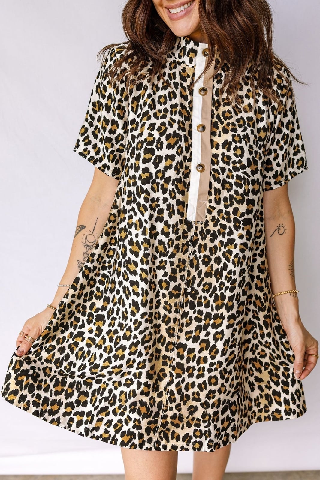 Leopard Dress with Contrast Button Placket Leopard Dress with Contrast Button Placket — Trendy Leopard Dress