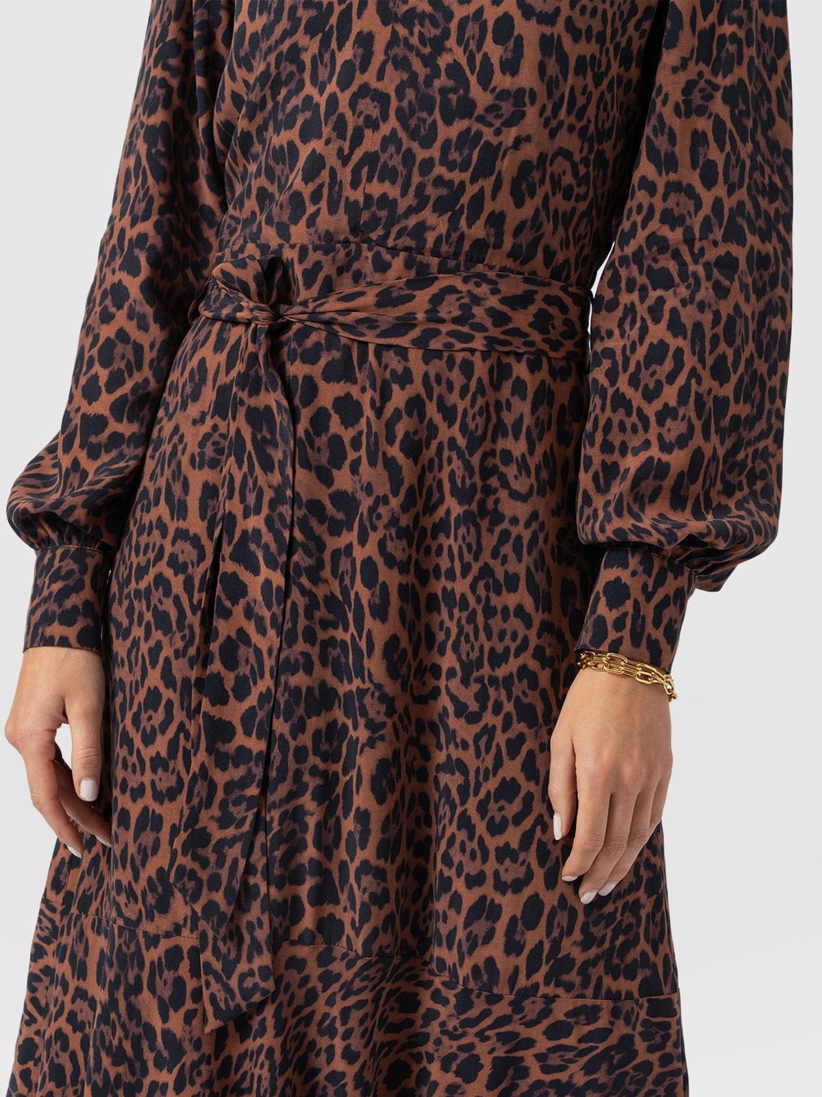 Belted Midi Leopard Dress with Statement Sleeves Belted Midi Leopard Dress with Statement Sleeves — Trendy Leopard Dress