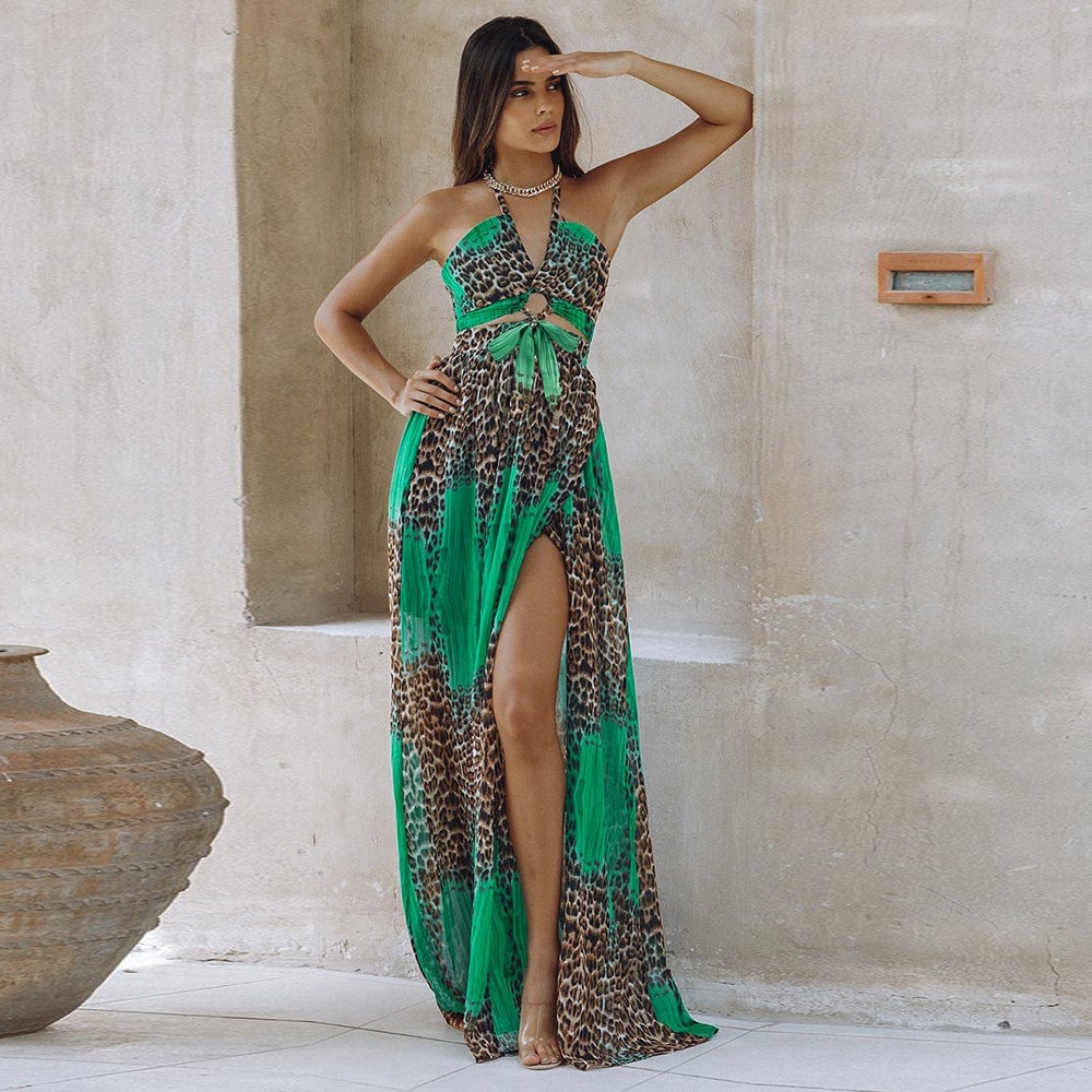 Green Leopard Print Halter Maxi Dress with Cut-outs Green Leopard Print Halter Maxi Dress with Cut-outs — Trendy Leopard Dress