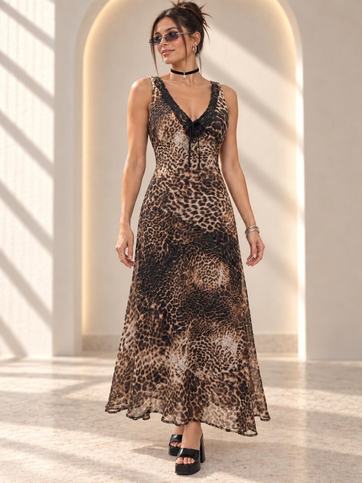 Sleeveless Leopard Maxi Dress with Lace Trim and Sunglasses Sleeveless Leopard Maxi Dress with Lace Trim and Sunglasses — Trendy Leopard Dress
