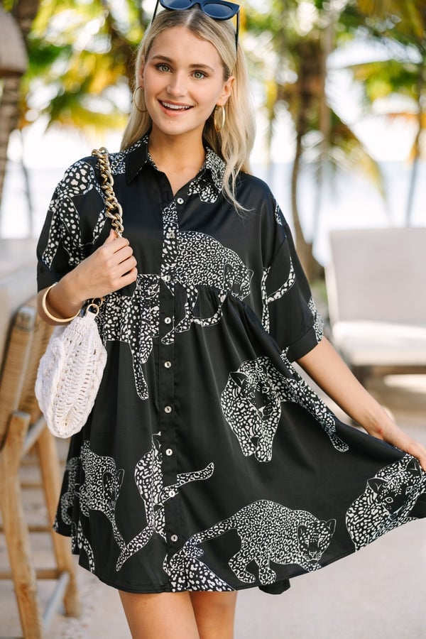 Black and White Leopard Babydoll Dress with Collared Neckline Black and White Leopard Babydoll Dress with Collared Neckline — Trendy Leopard Dress