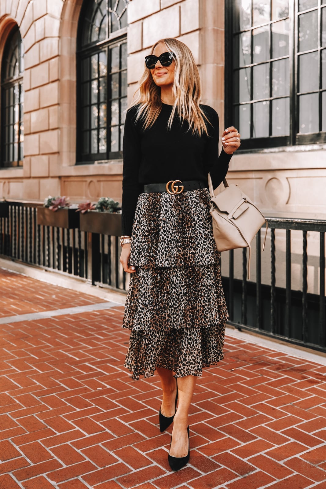 Tiered Leopard Midi Skirt with a Black Sweater and Belt Tiered Leopard Midi Skirt with a Black Sweater and Belt — Trendy Leopard Skirt Outfit