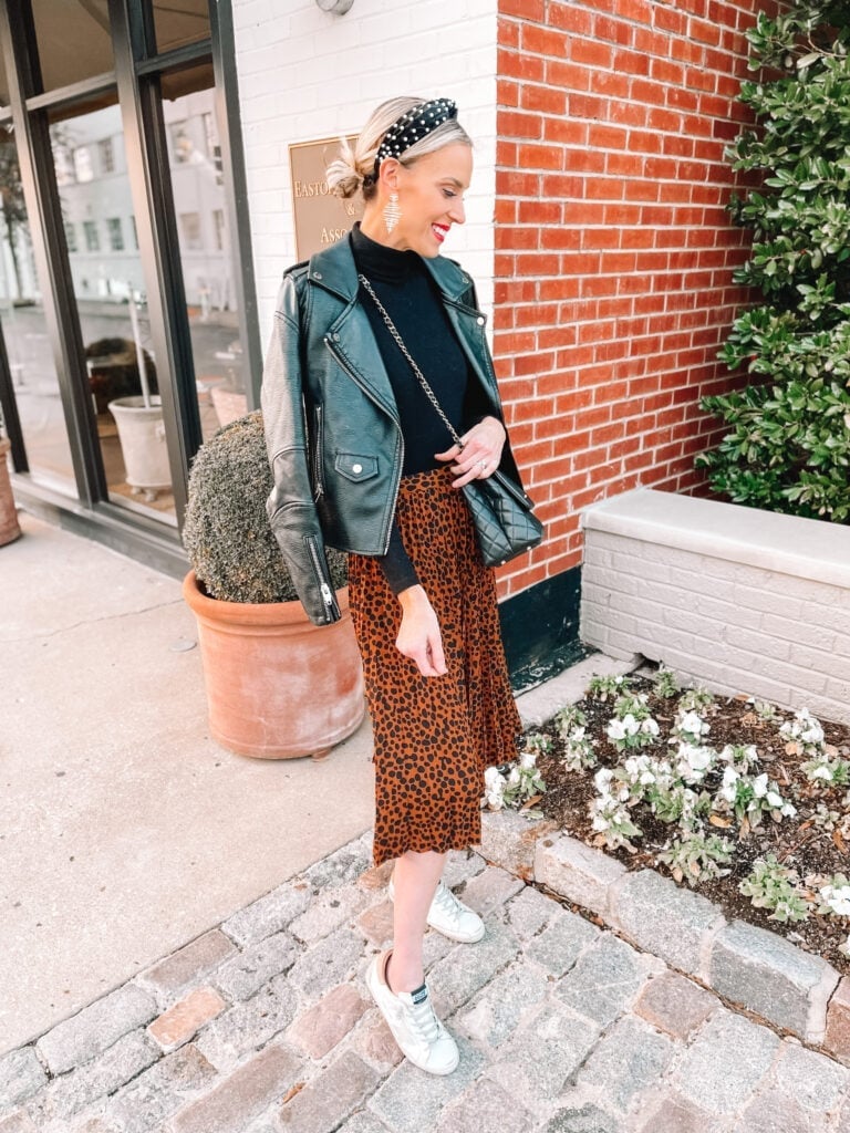 Leopard Midi Skirt with Turtleneck, Leather Jacket, and Sneakers Leopard Midi Skirt with Turtleneck, Leather Jacket, and Sneakers — Trendy Leopard Skirt Outfit