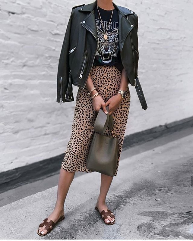 Pencil Leopard Skirt with Graphic Tee and Draped Leather Jacket Pencil Leopard Skirt with Graphic Tee and Draped Leather Jacket — Trendy Leopard Skirt Outfit