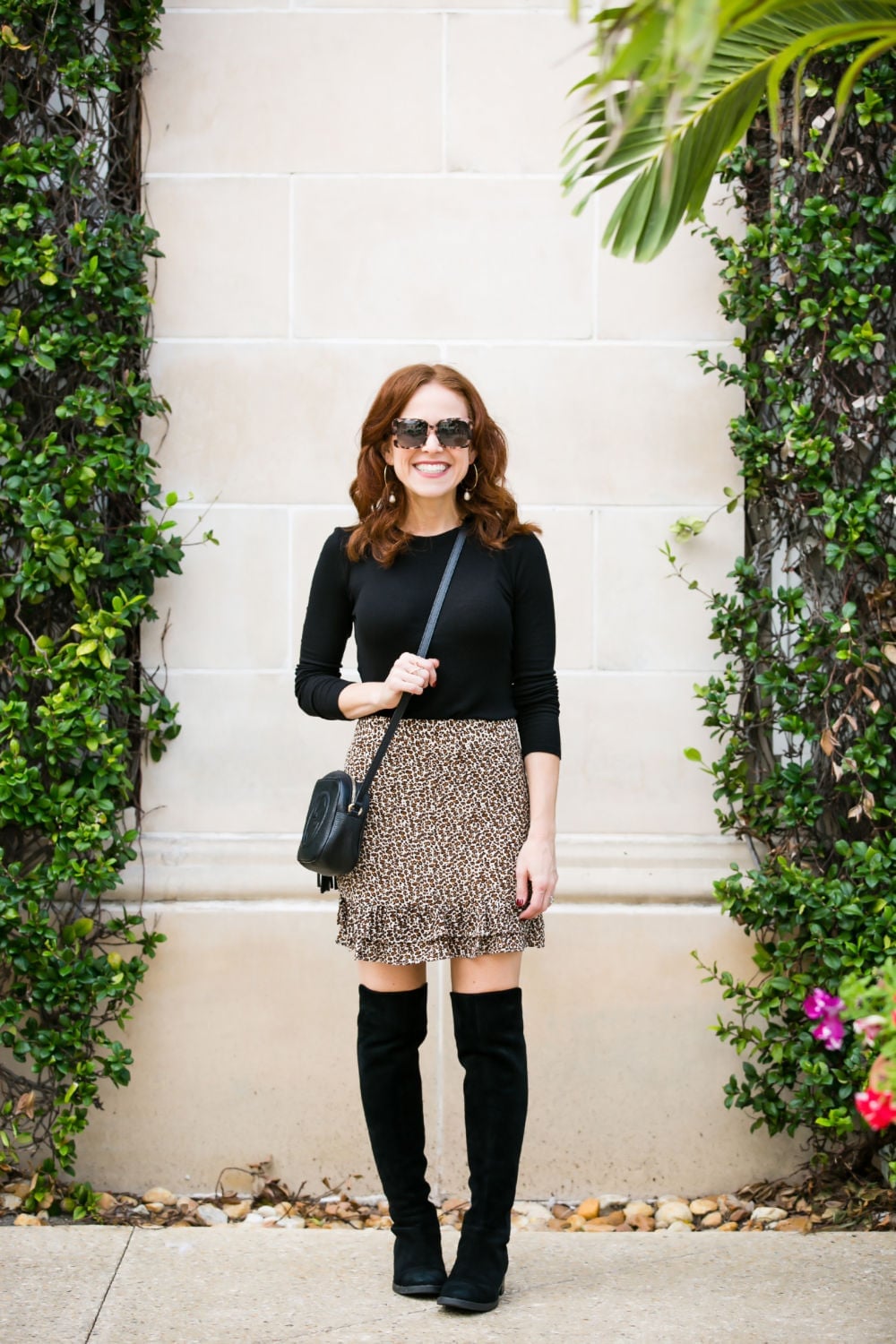 Ruffled Leopard Mini Skirt with Sweater and Over-The-Knee Boots Ruffled Leopard Mini Skirt with Sweater and Over-The-Knee Boots — Trendy Leopard Skirt Outfit