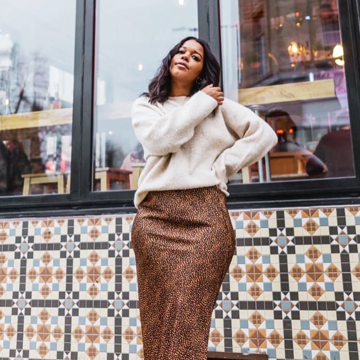 Leopard Satin Maxi Skirt with a Beige Knit Sweater Leopard Satin Maxi Skirt with a Beige Knit Sweater — Trendy Leopard Skirt Outfit