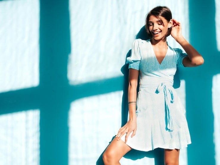 Light Blue Short Wrap Dress with Subtle Print Light Blue Short Wrap Dress with Subtle Print — Trendy Light Blue Outfits