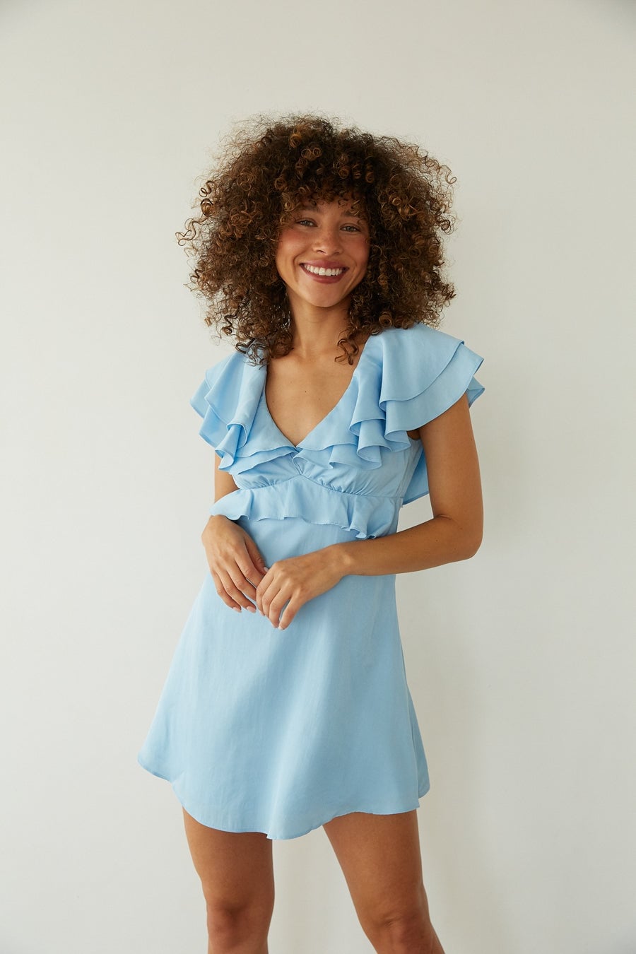 Light Blue Linen-Like Mini Dress with Ruffle Flutter Sleeves Light Blue Linen-Like Mini Dress with Ruffle Flutter Sleeves — Trendy Light Blue Outfits
