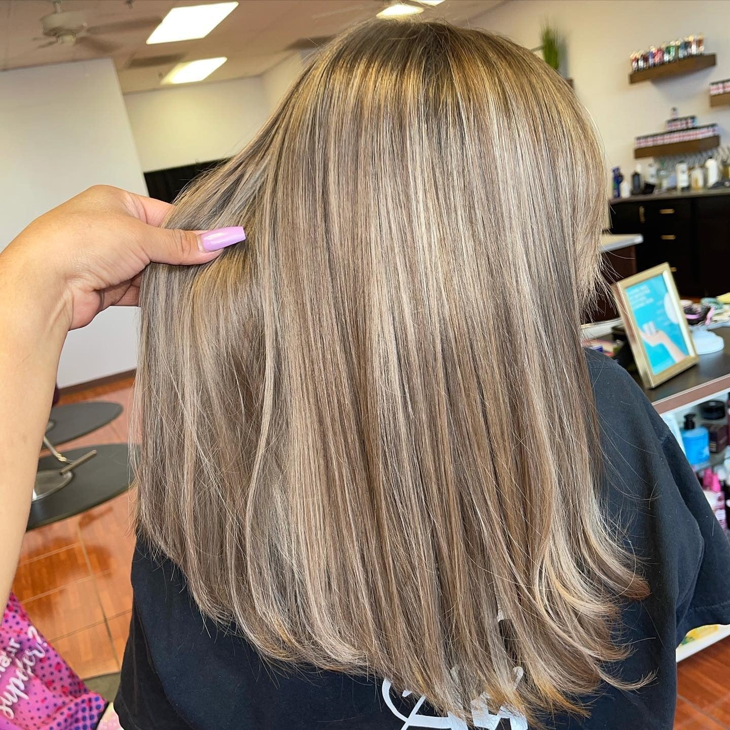 Mid-Back Ash Brown With Blonde Highlights — Trendy Light Hair Color