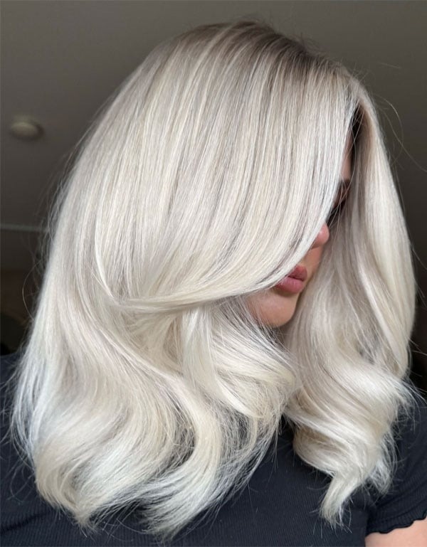 Collarbone Platinum Ice Blonde With Root Shadow — Trendy Light Hair Color