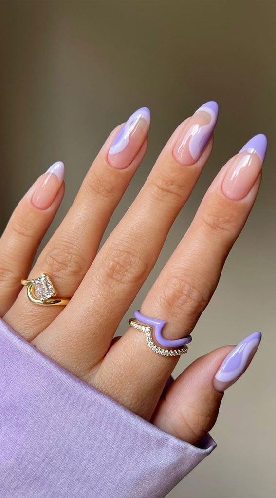 Lavender White Swirl French Almond Nails Lavender White Swirl French Almond Nails — Trendy Long Nails