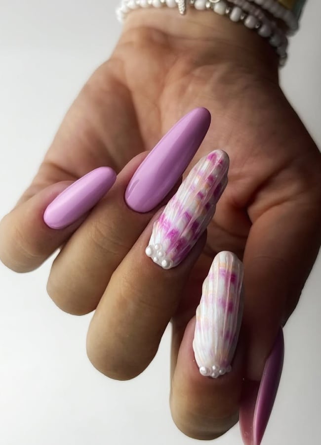 Lavender 3D Shell Texture Nails Lavender 3D Shell Texture Nails — Trendy Long Nails