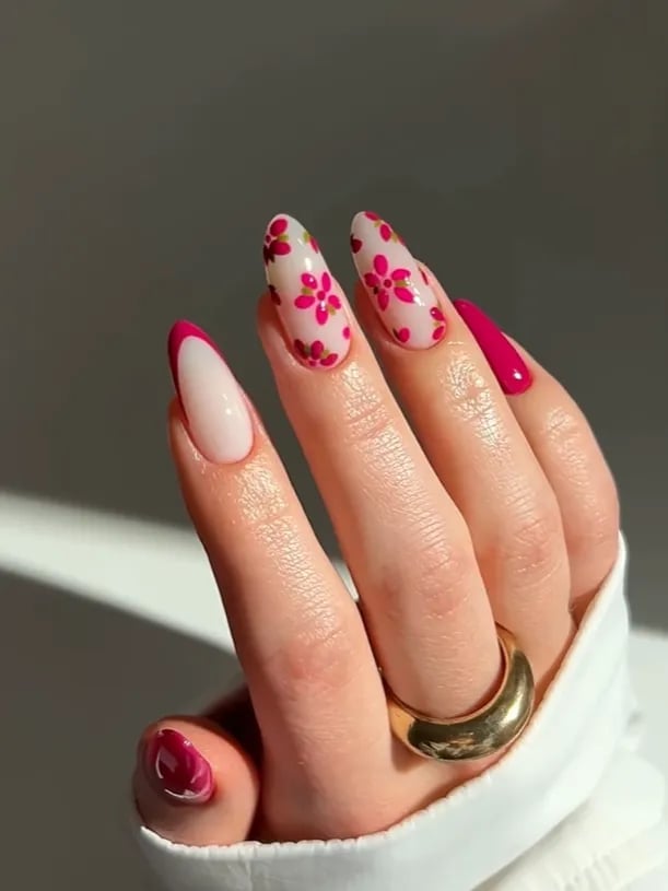 Pink Floral Print French Almond Nails Pink Floral Print French Almond Nails — Trendy Long Nails