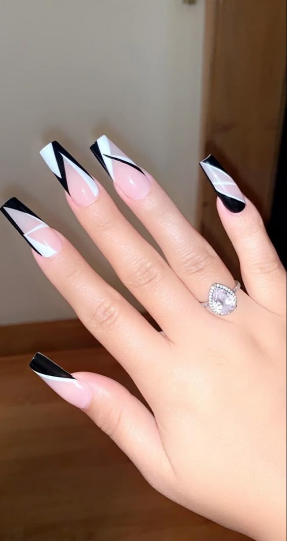 Graphic Geometric French Coffin Nails Graphic Geometric French Coffin Nails — Trendy Long Nails