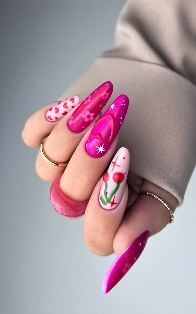 Playful Cherry Floral Oval Nails Playful Cherry Floral Oval Nails — Trendy Long Nails