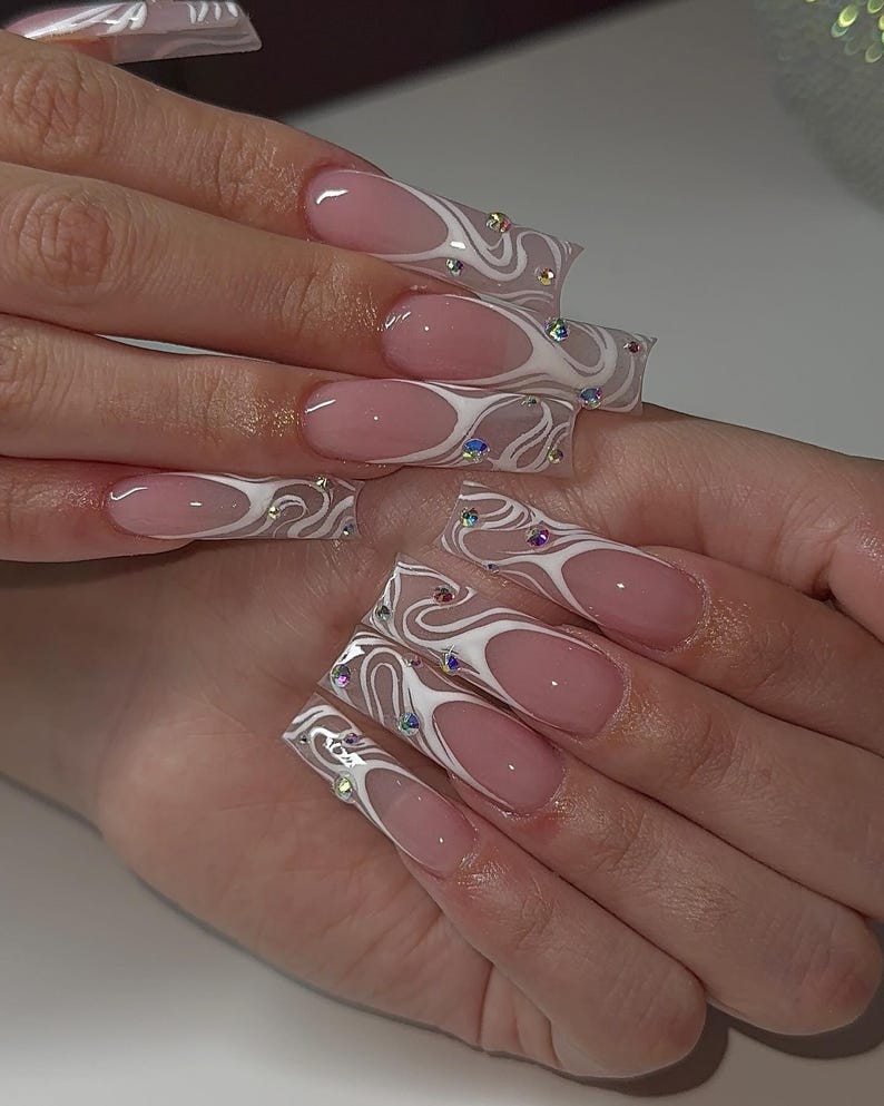 White Swirl Rhinestone Square Nails White Swirl Rhinestone Square Nails — Trendy Long Nails