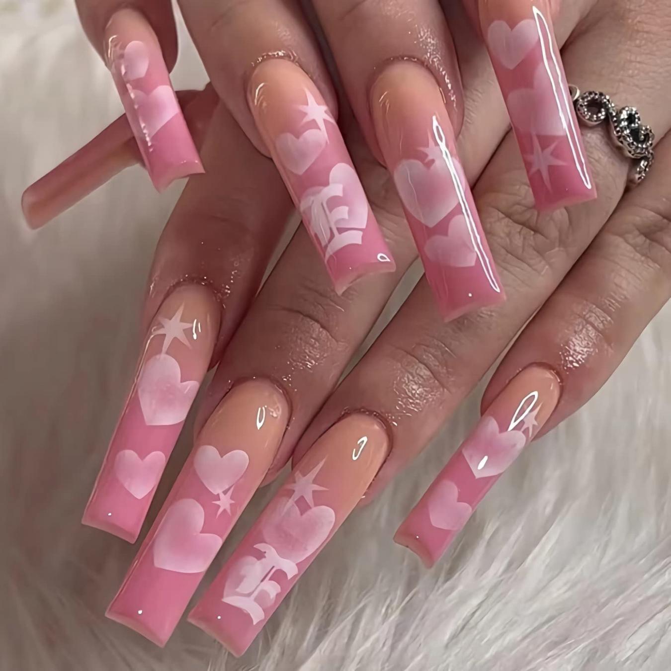 Extra Long Square Pink Peach Ombre Hearts Extra Long Square Pink Peach Ombre Hearts — Trendy Long Nails