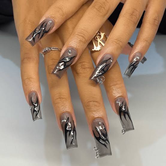 Clear Black Flame Extra Long Coffin Nails Clear Black Flame Extra Long Coffin Nails — Trendy Long Nails