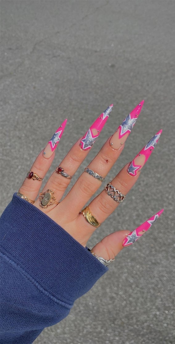 Hot Pink Glitter Star Cut-Out Stiletto Nails Hot Pink Glitter Star Cut-Out Stiletto Nails — Trendy Long Nails