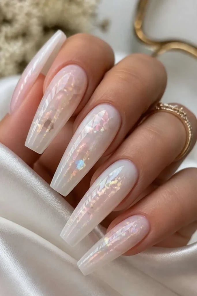 Milky White Iridescent Flake Coffin Nails Milky White Iridescent Flake Coffin Nails — Trendy Long Nails