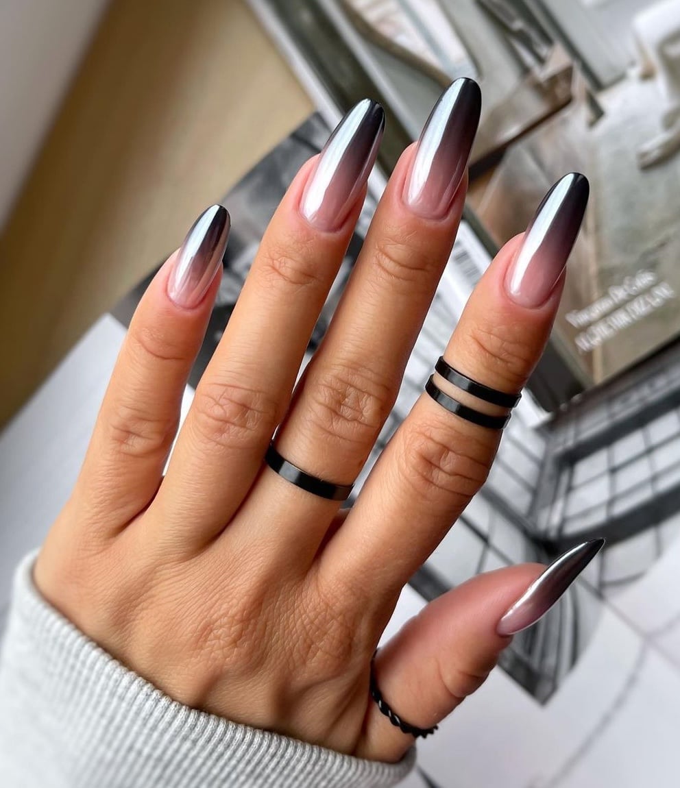 Chrome Ombre Pink to Silver Stiletto Nails Chrome Ombre Pink to Silver Stiletto Nails — Trendy Long Nails
