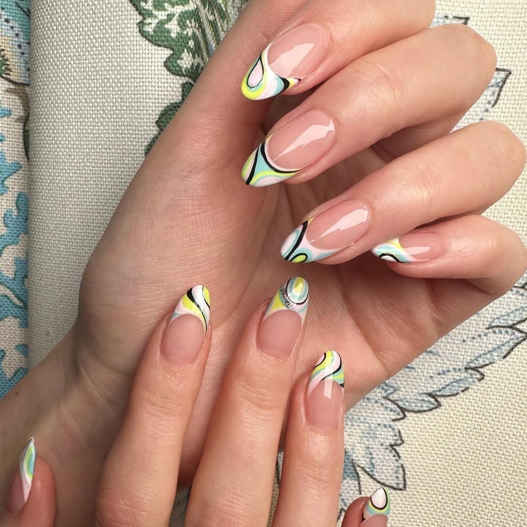 Abstract Lines Long Oval French Nails Abstract Lines Long Oval French Nails — Trendy Long Nails