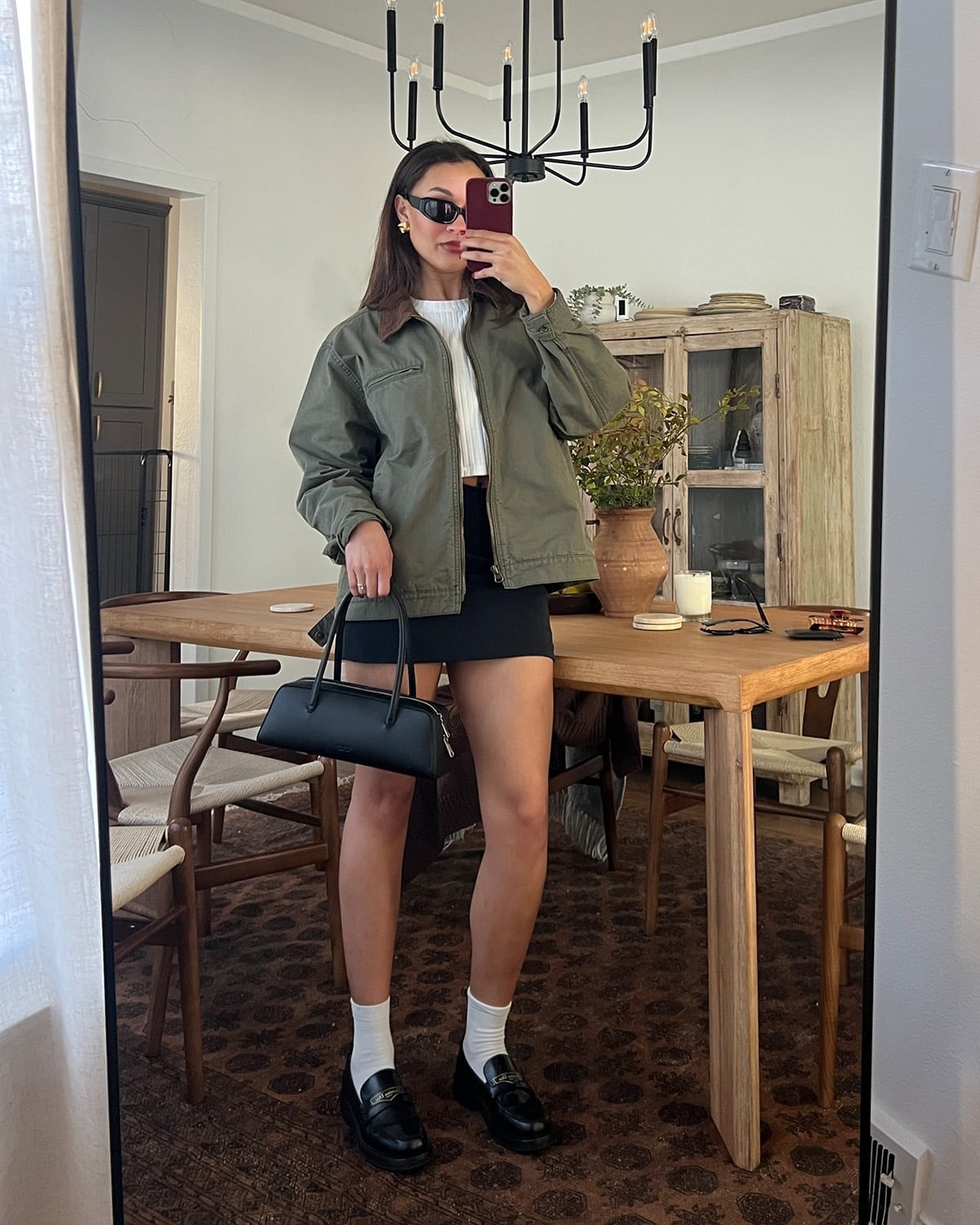Olive Green Cargo Jacket Over Black Mini Skirt Olive Green Cargo Jacket Over Black Mini Skirt — Trendy Los Angeles Outfits